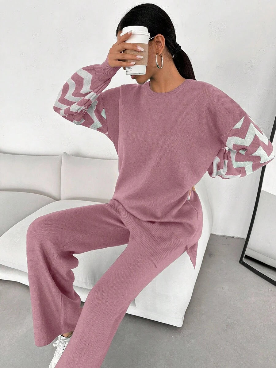 Dames effen kleur pareldetail ronde hals drop shoulder pullover & sweater broek set