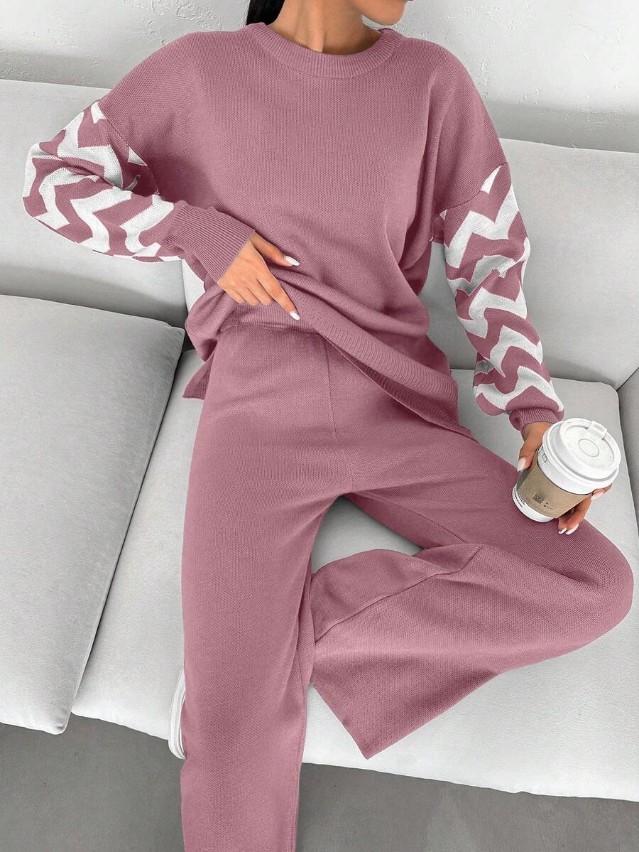 Dames effen kleur pareldetail ronde hals drop shoulder pullover & sweater broek set