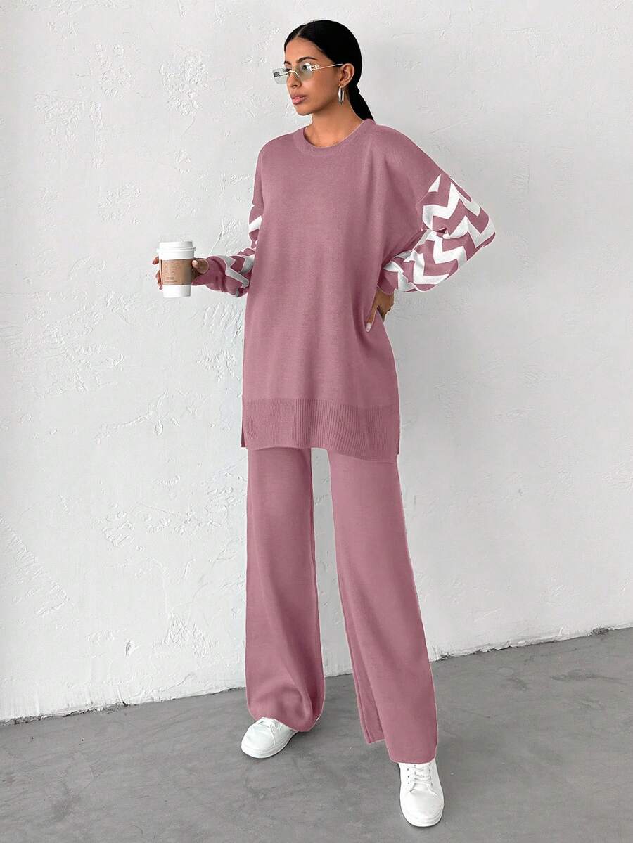 Dames effen kleur pareldetail ronde hals drop shoulder pullover & sweater broek set