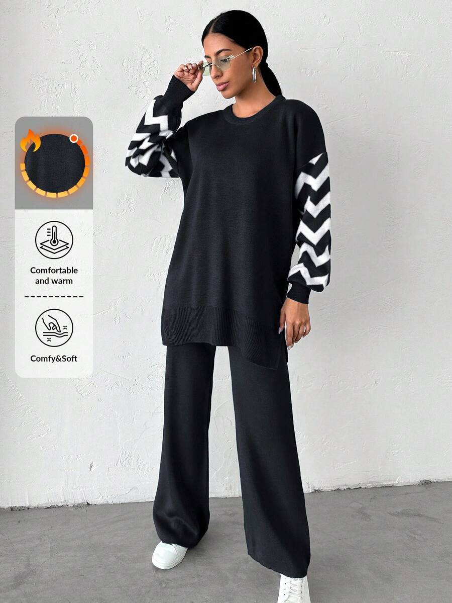 Dames effen kleur pareldetail ronde hals drop shoulder pullover & sweater broek set