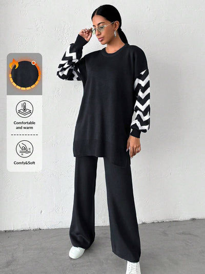 Dames effen kleur pareldetail ronde hals drop shoulder pullover & sweater broek set