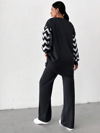 Dames effen kleur pareldetail ronde hals drop shoulder pullover & sweater broek set