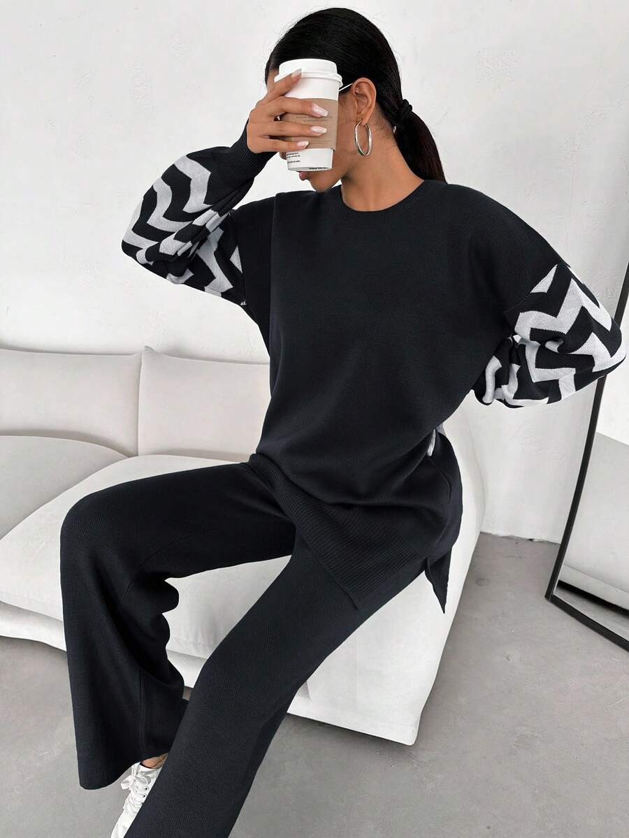 Dames effen kleur pareldetail ronde hals drop shoulder pullover & sweater broek set
