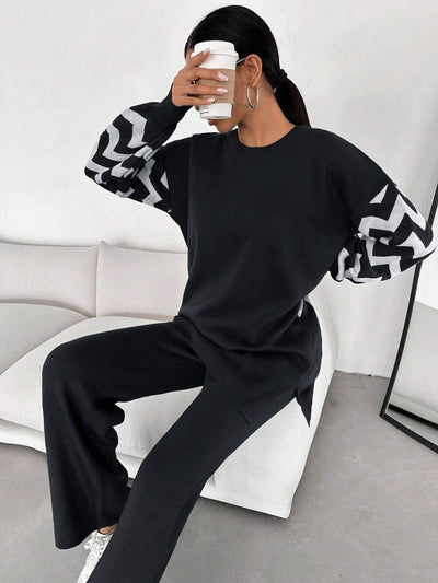 Dames effen kleur pareldetail ronde hals drop shoulder pullover & sweater broek set
