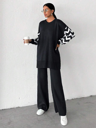 Dames effen kleur pareldetail ronde hals drop shoulder pullover & sweater broek set