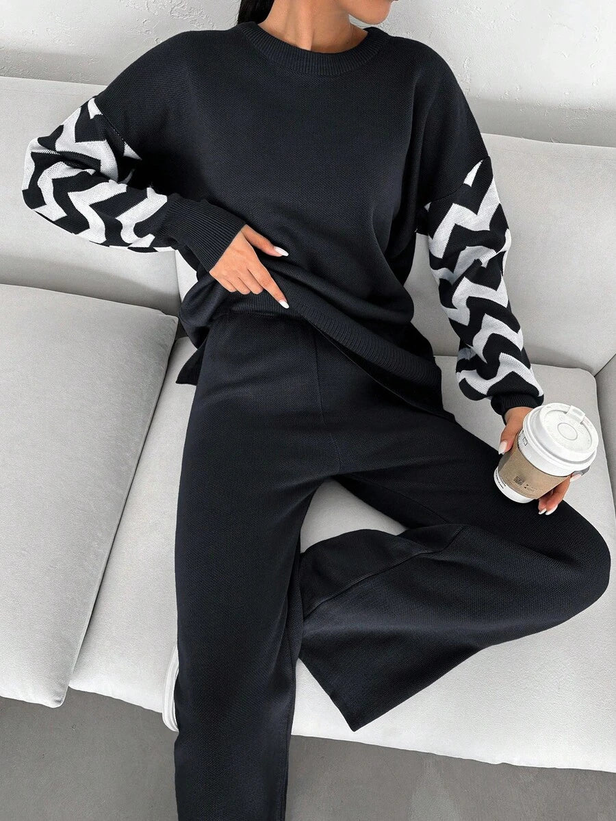 Dames effen kleur pareldetail ronde hals drop shoulder pullover & sweater broek set