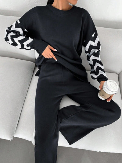 Dames effen kleur pareldetail ronde hals drop shoulder pullover & sweater broek set