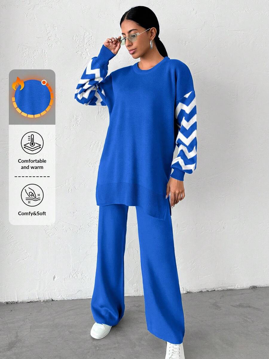 Dames effen kleur pareldetail ronde hals drop shoulder pullover & sweater broek set