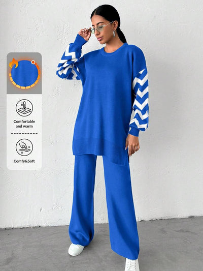 Dames effen kleur pareldetail ronde hals drop shoulder pullover & sweater broek set