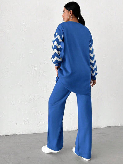 Dames effen kleur pareldetail ronde hals drop shoulder pullover & sweater broek set