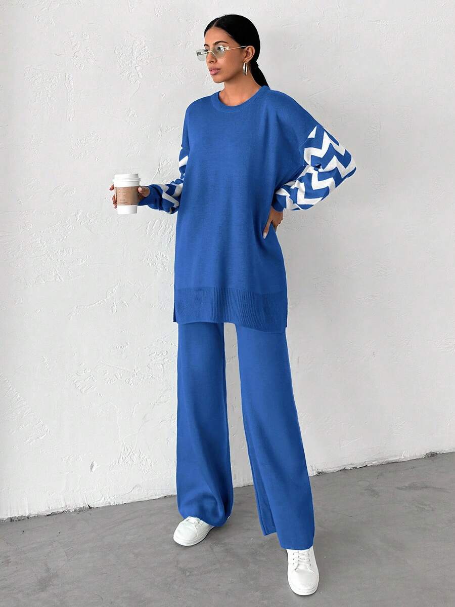 Dames effen kleur pareldetail ronde hals drop shoulder pullover & sweater broek set