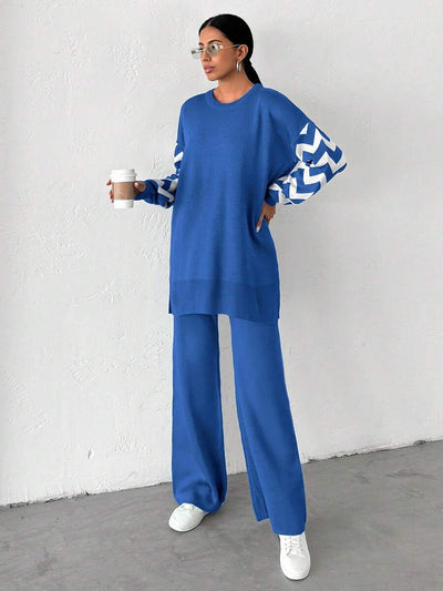 Dames effen kleur pareldetail ronde hals drop shoulder pullover & sweater broek set