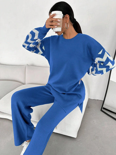 Dames effen kleur pareldetail ronde hals drop shoulder pullover & sweater broek set