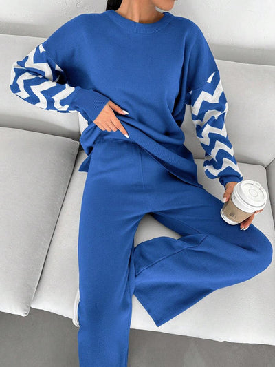 Dames effen kleur pareldetail ronde hals drop shoulder pullover & sweater broek set