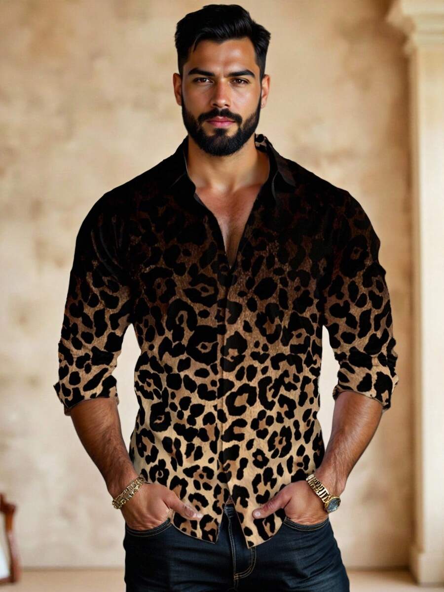 HIMLAND Heren luipaardprint overhemd met knoopsluiting, lange mouwen en casual look, voor de herfst