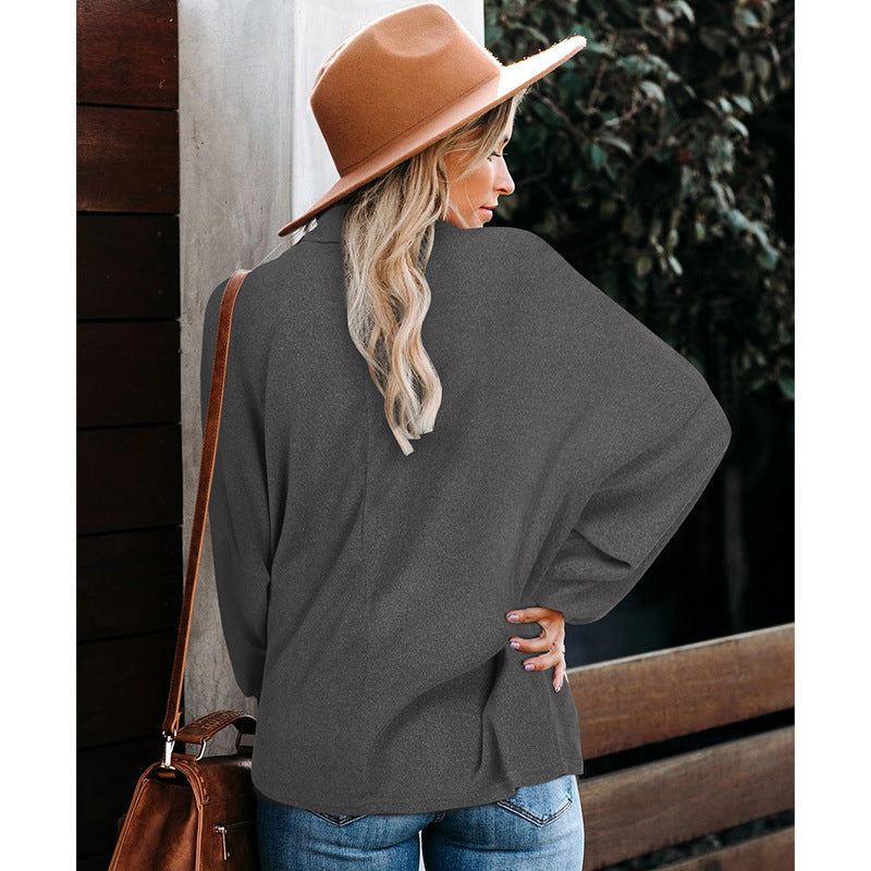 All-match High-neck Solid Color Long-sleeved Top Loose Sweater Women